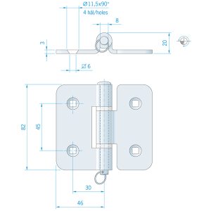 Roca hængsel 92x82mm AISI 304