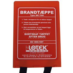 Brandtæppe 1,20x1,8m i box, Dansk tekst